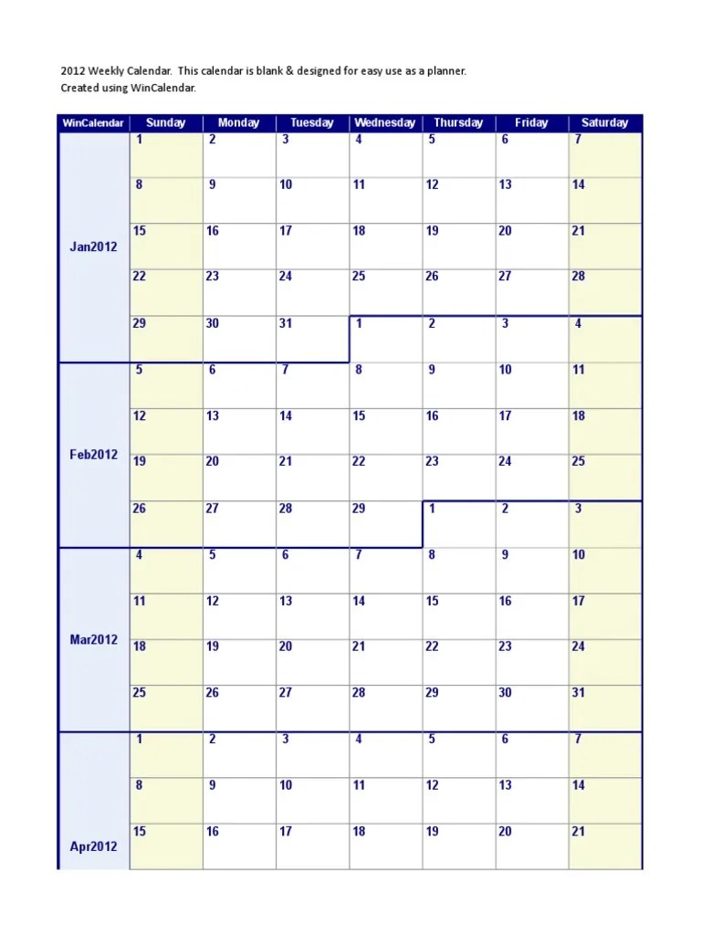 2012 Weekly Calendar. This Calendar Is Blank & Designed For Easy Use As A Planner. Created Using Wincalendar PDF Computing Platforms Application Software