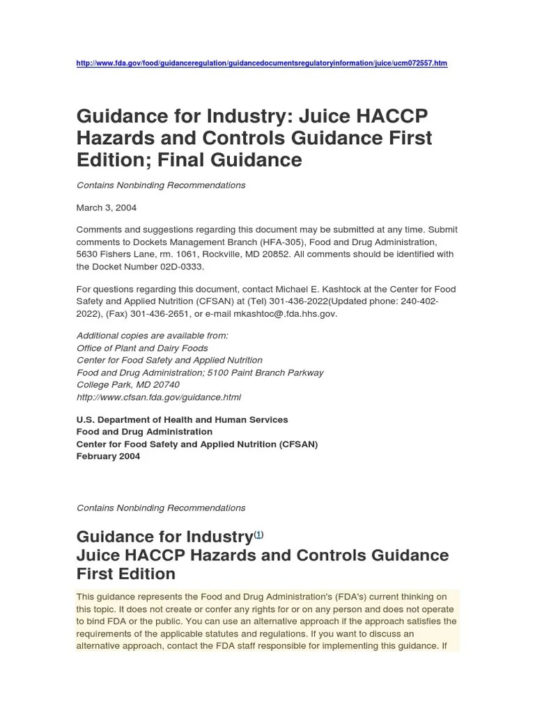 Juice HACCP. FDA PDF PDF Hazard Analysis And Critical Control
