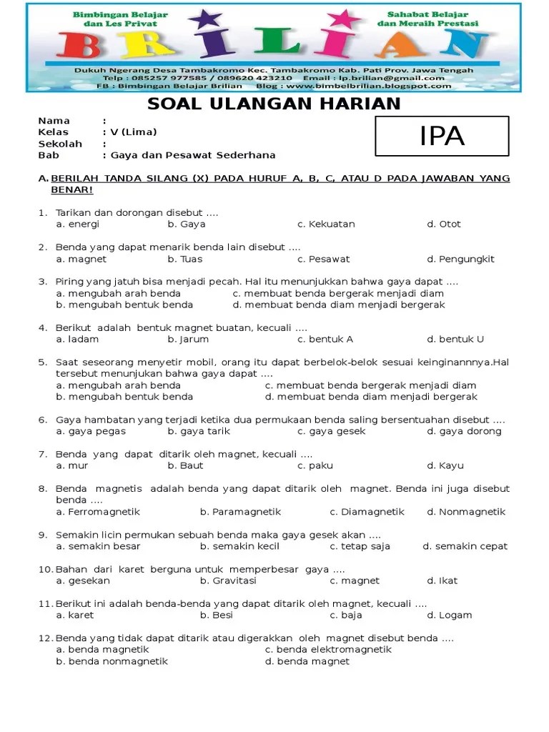 Soal IPA Kelas 5 SD Bab 5 Gaya Dan Pesawat Sederhana Dilengkapi Kunci Jawaban