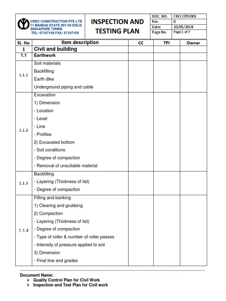 Inspection and Testing Plan Road Surface Concrete