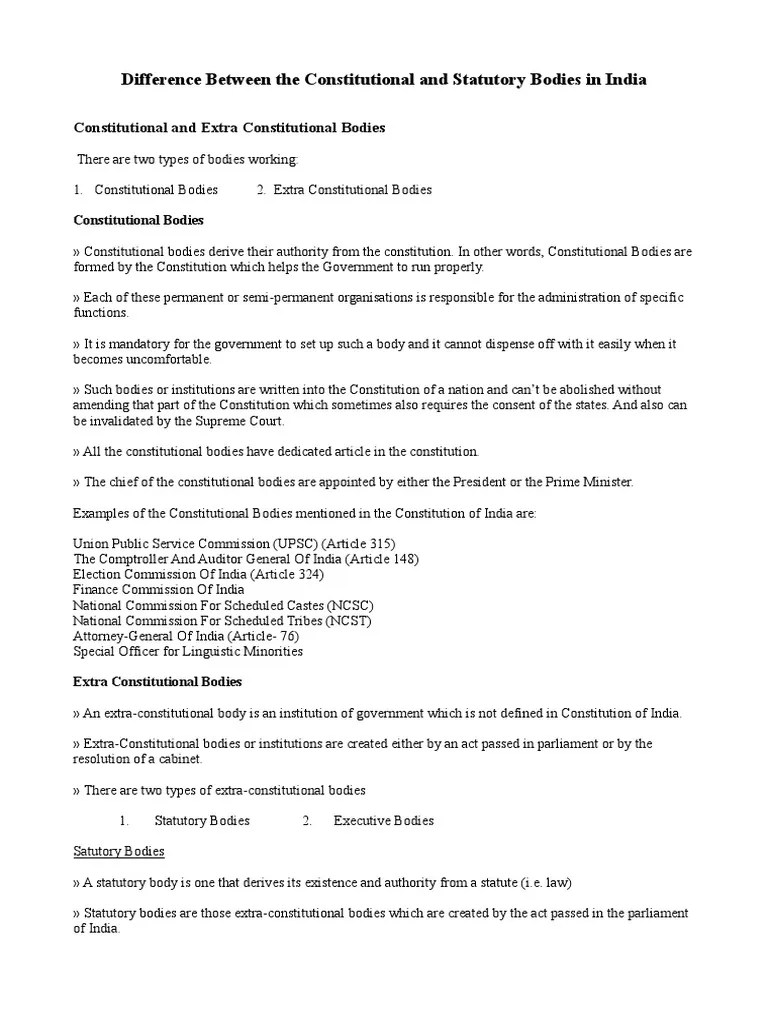Difference Between Statutory & Constitutional Bodies PDF Tribunal Constitution