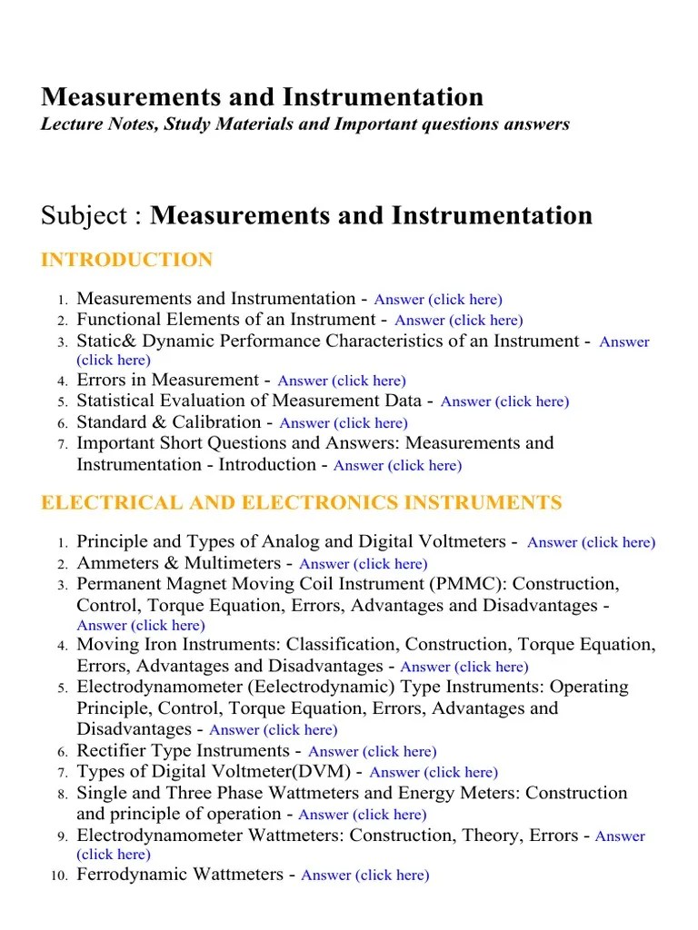Measurements and Instrumentation Lecture Notes, Study Materials and