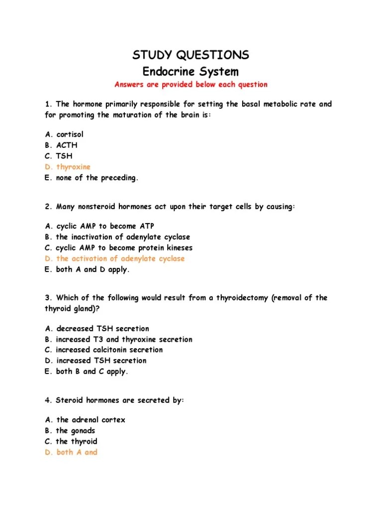 Study Questions Endocrine System: Answers Are Provided Below Each