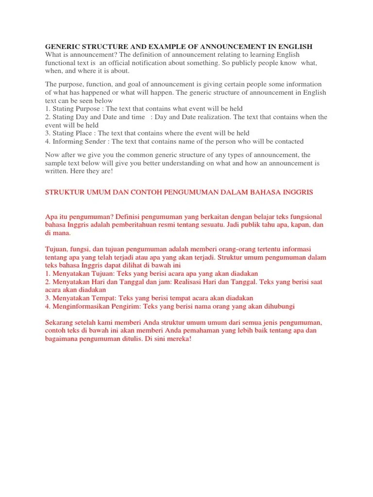 Generic Structure and Example of Announcement in English | PDF | Languages  | Language Arts &amp; Discipline