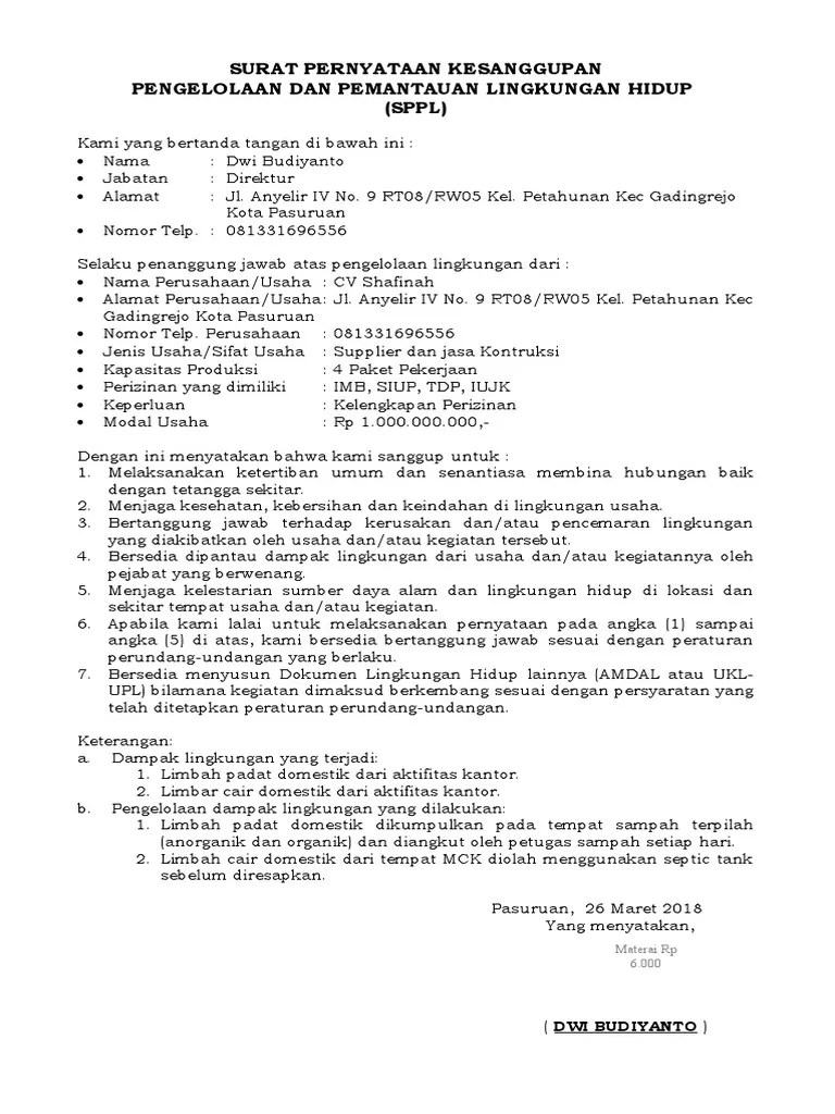 Contoh Surat Pernyataan Kesanggupan Pengelolaan Dan Pemantauan Lingkungan Hidup Download Kumpulan Gambar