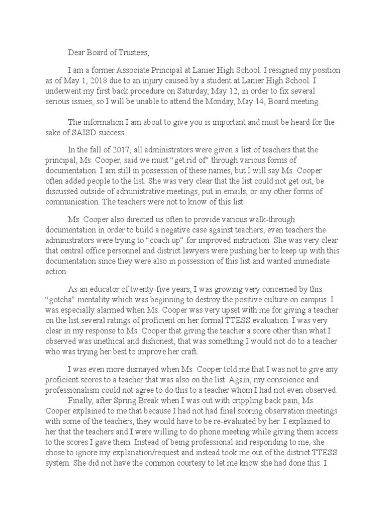Letter to board of Trustees Teachers