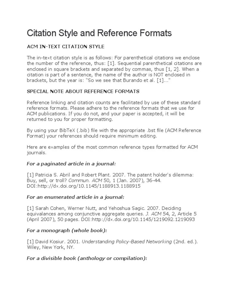 ACM Citation Style and Reference Formats Citation Areas Of Computer