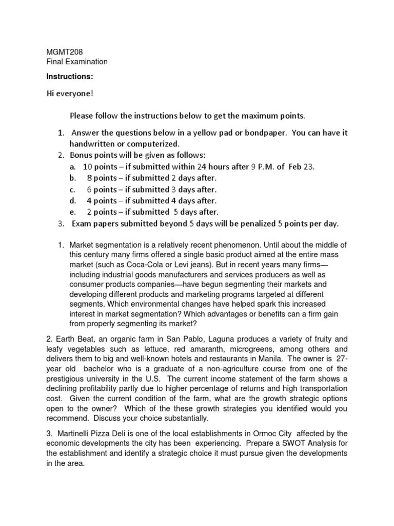 MGMT 208 Exam 2018 PDF Soft Drink Coca Cola