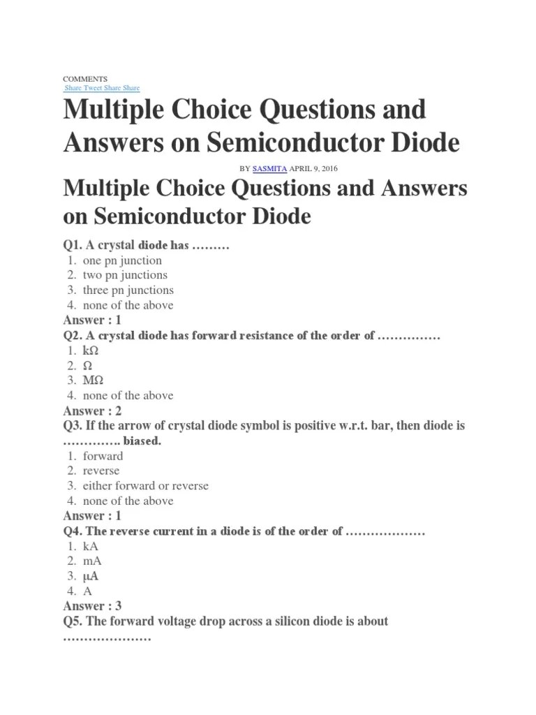Multiple Choice Questions and Answers On Semiconductor Diode PDF