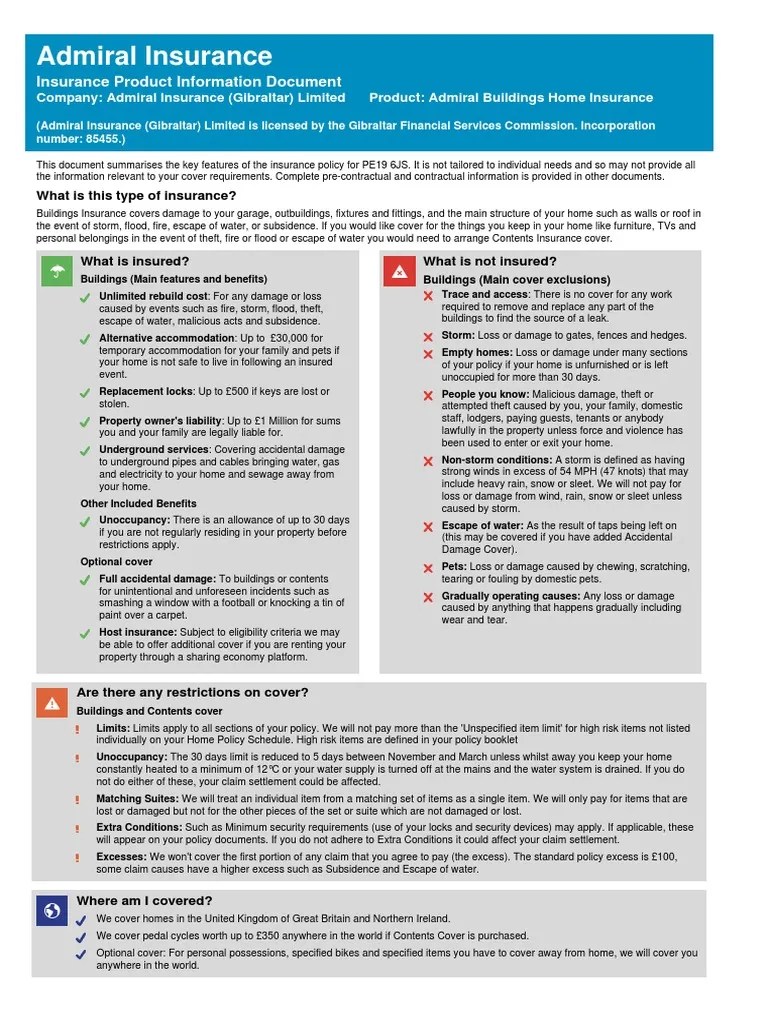 Admiral Insurance Insurance Product Information Document PDF Home