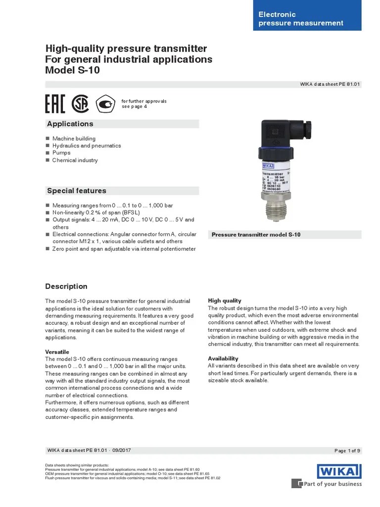 WIKA Pressure Transmitter s10 Data Sheet Electrical Connector Power Supply