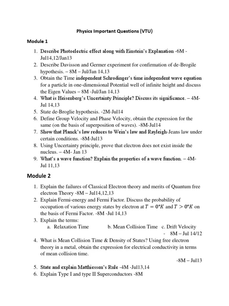 Physics VTU Important Questions (Module Wise
