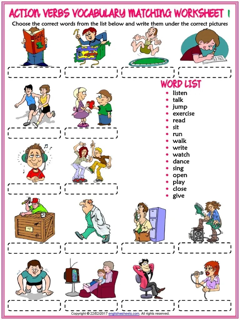 action verbs vocabulary esl matching exercise worksheets for kids.pdf