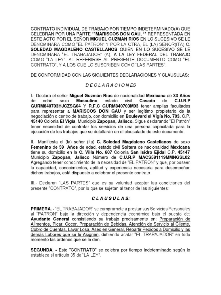 Contrato Individual de Trabajo mexico 2018 Salario Derecho laboral