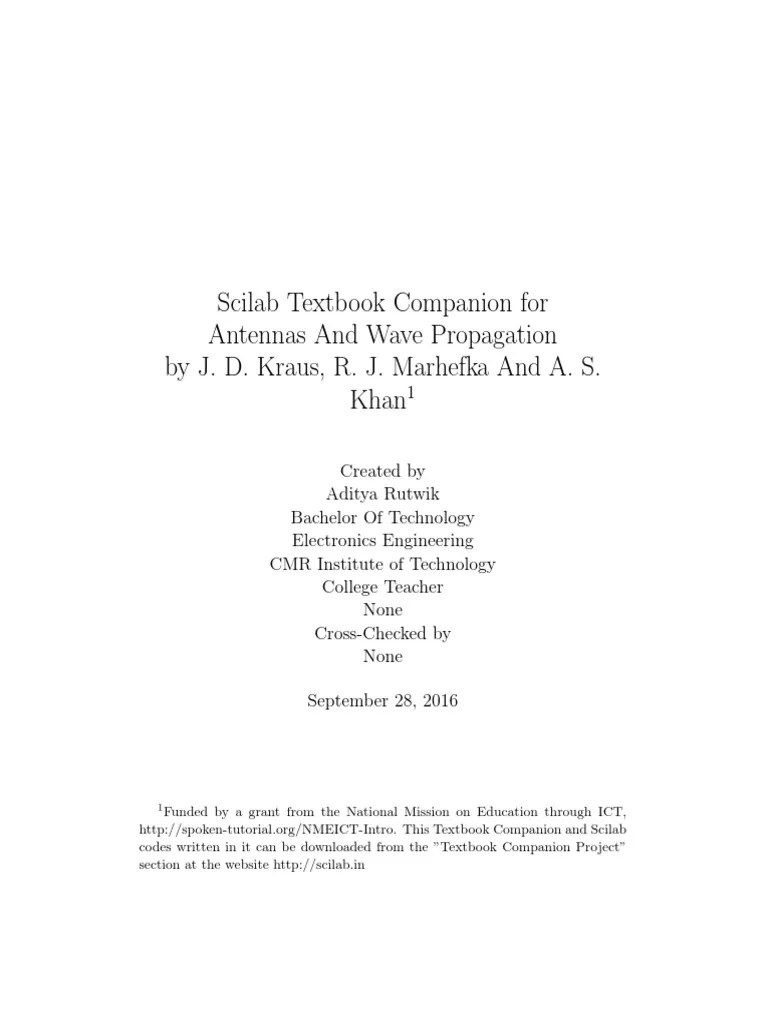 Scilab Textbook Companion for Antennas And Wave Propagation A Guide to