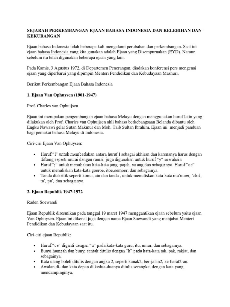 Sejarah Perkembangan Ejaan Bahasa Indonesia Dan Kelebihan Dan Kekurangan |  PDF