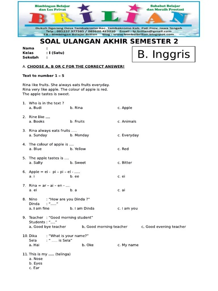 Contoh Soal Bahasa Inggris SD Kelas 1-3: Panduan Lengkap