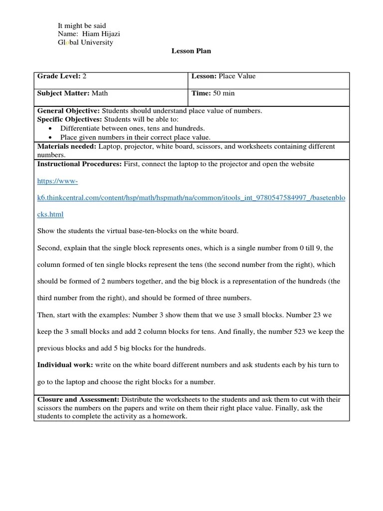 lesson plan- grade 2 place value