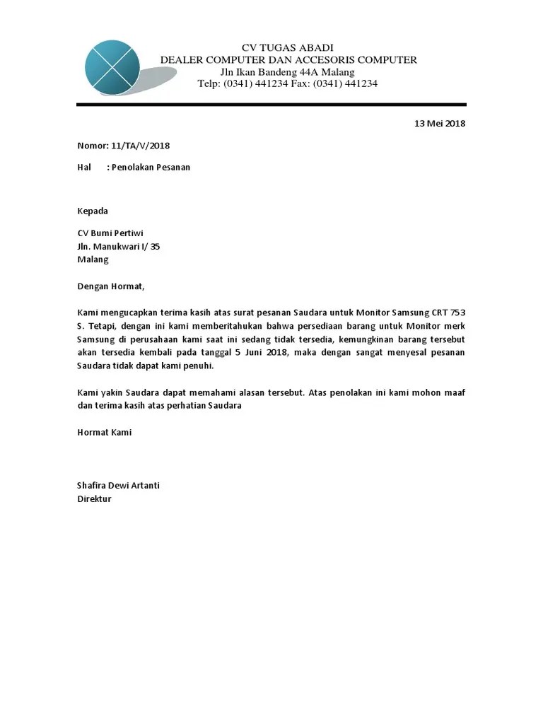 Surat Penolakan Pesanan | PDF