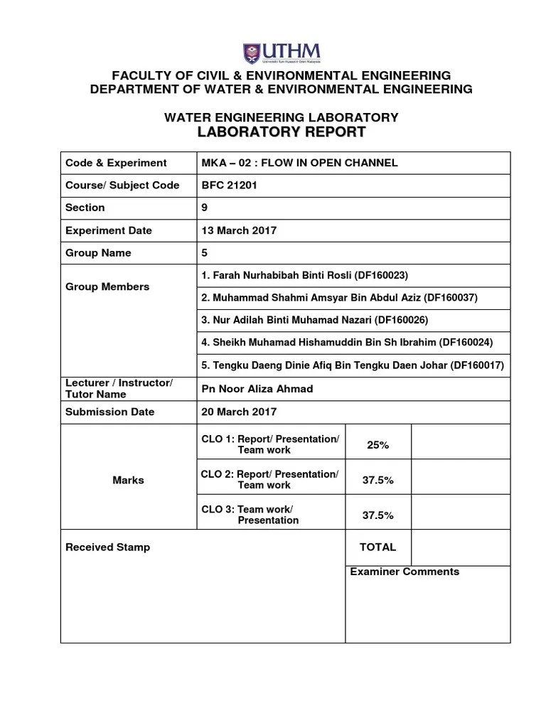 Hidraulic Lab Report Flow in Open Channel PDF Hydrology