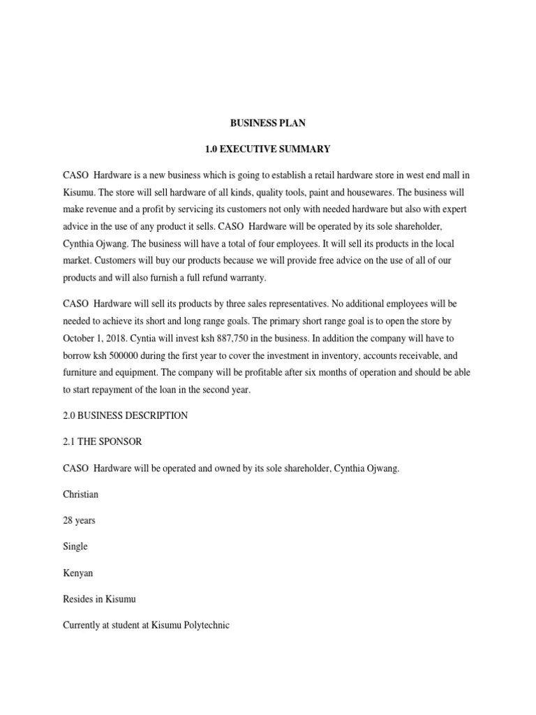 Hardware Business Plan Retail Hardware Store