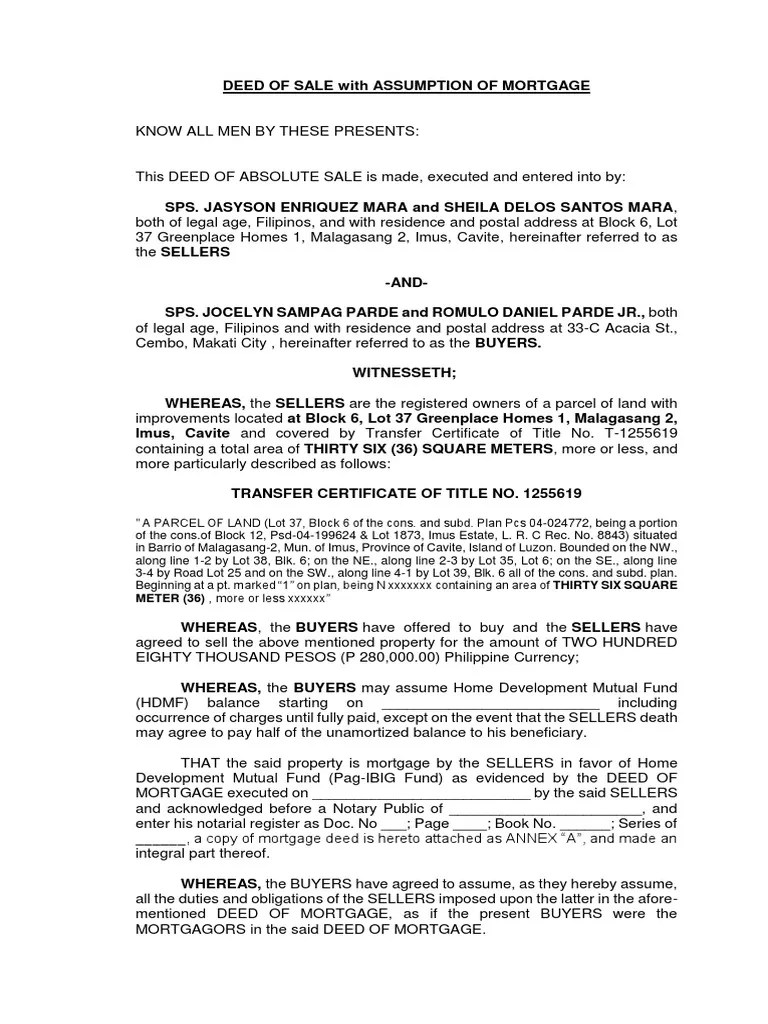 DeedofSaleWithAssumptionofMortgage.docx Mortgage Law Property Law