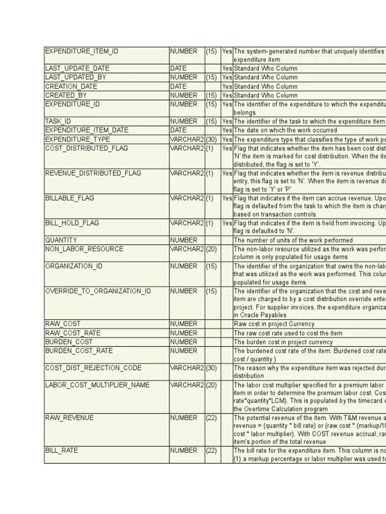 Oracle Project Pa_expenditure_items_all Table Description Invoice