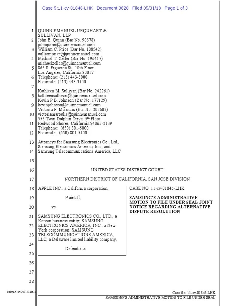 180531 Samsung Motion to File Under Seal ADR Notice Limited