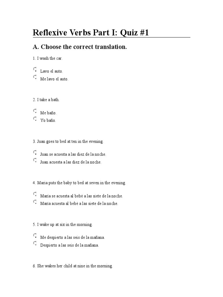 Reflexive Verbs Part I: Quiz #1: A. Choose The Correct Translation