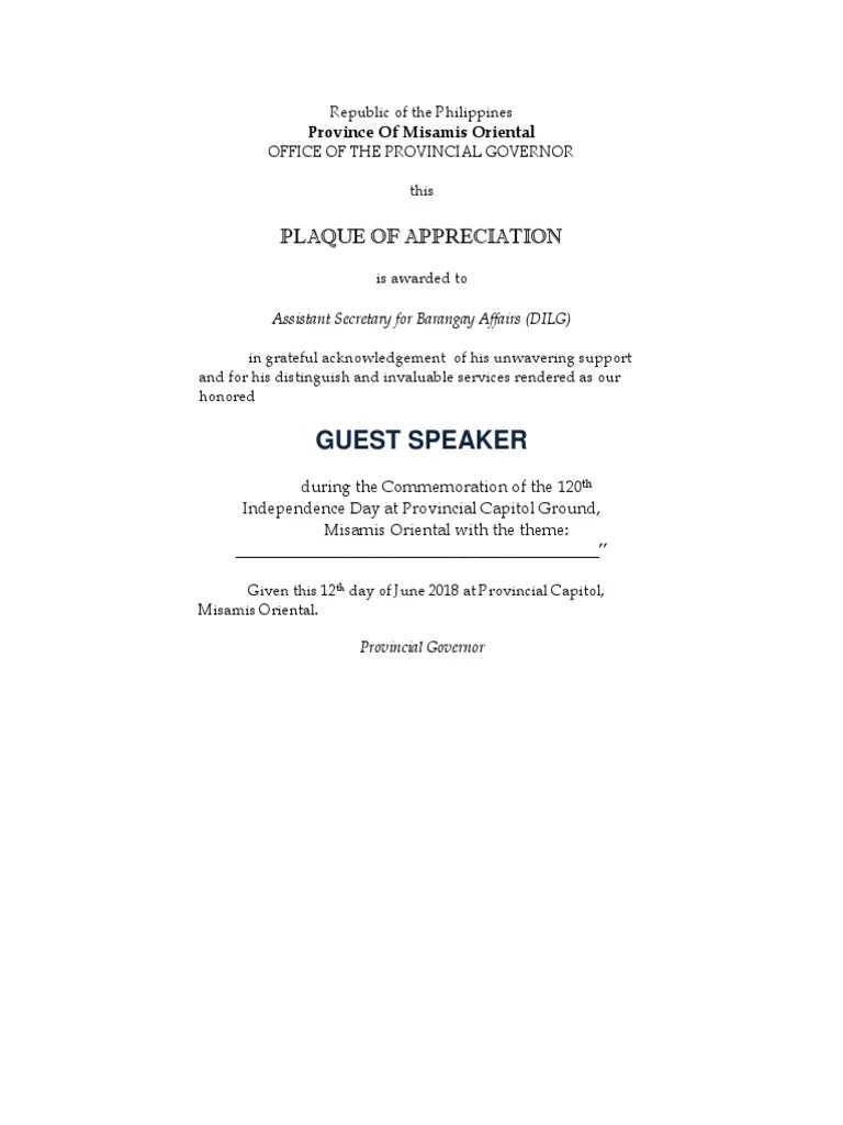 Guest Speaker Plaque of Appreciation PDF