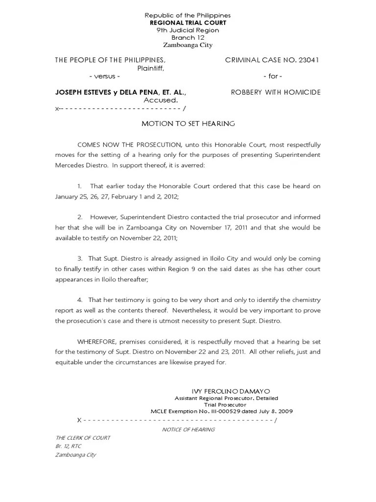 Motion To Set Hearing PDF Prosecutor Criminal Justice