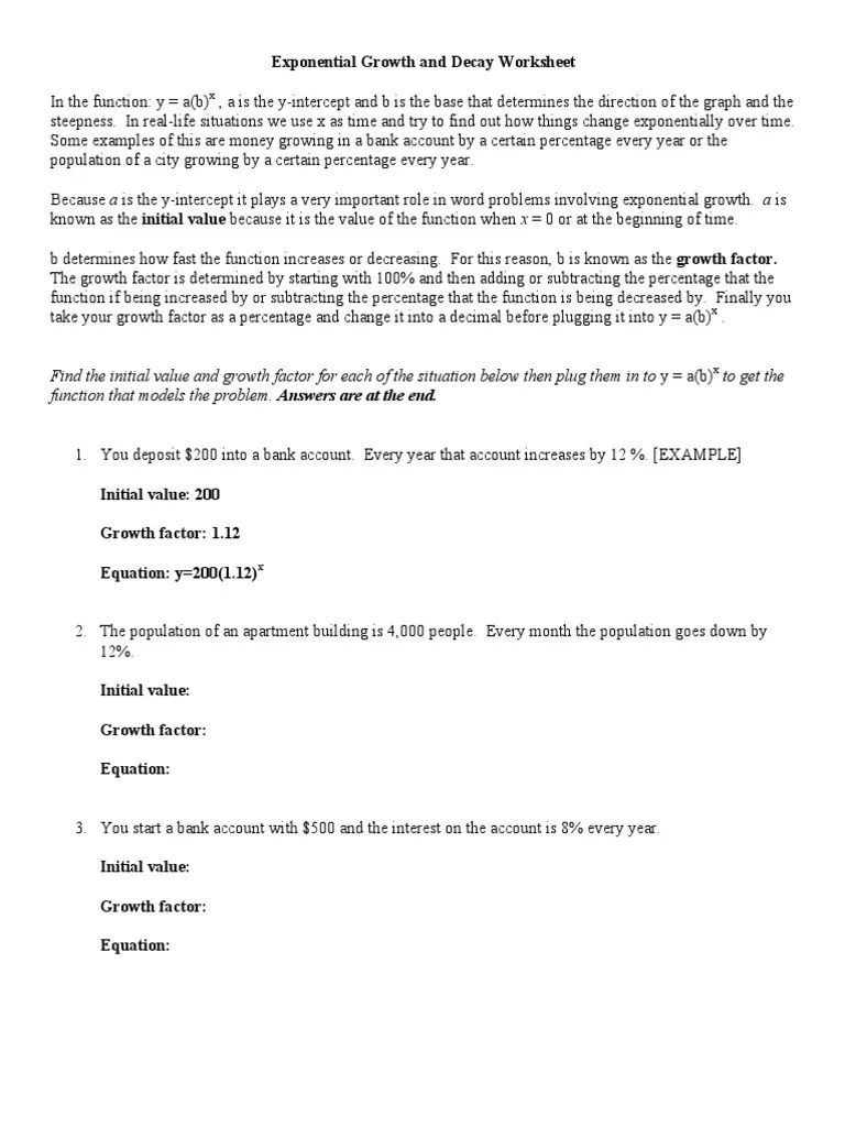 Exponential Growth and Decay Worksheet 1 Percentage Function