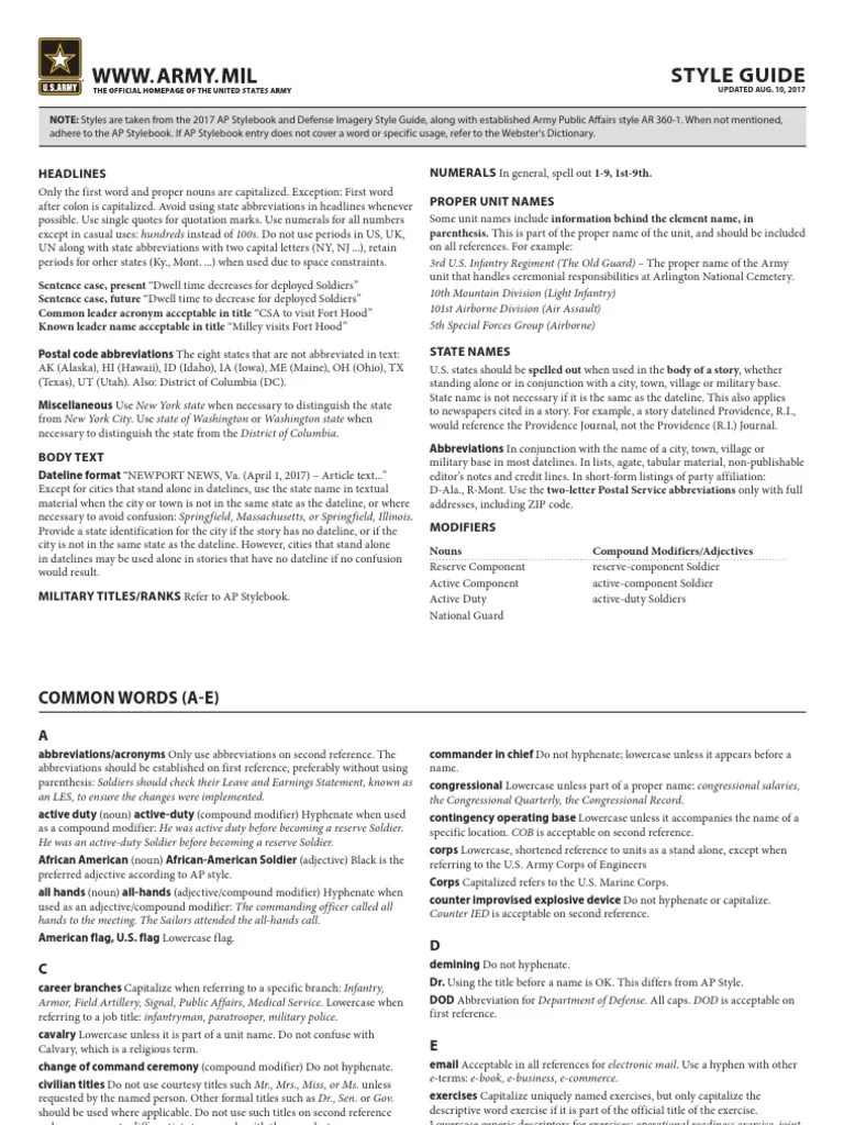 USarmy military Style Writing Guide Division (Military) Brigade