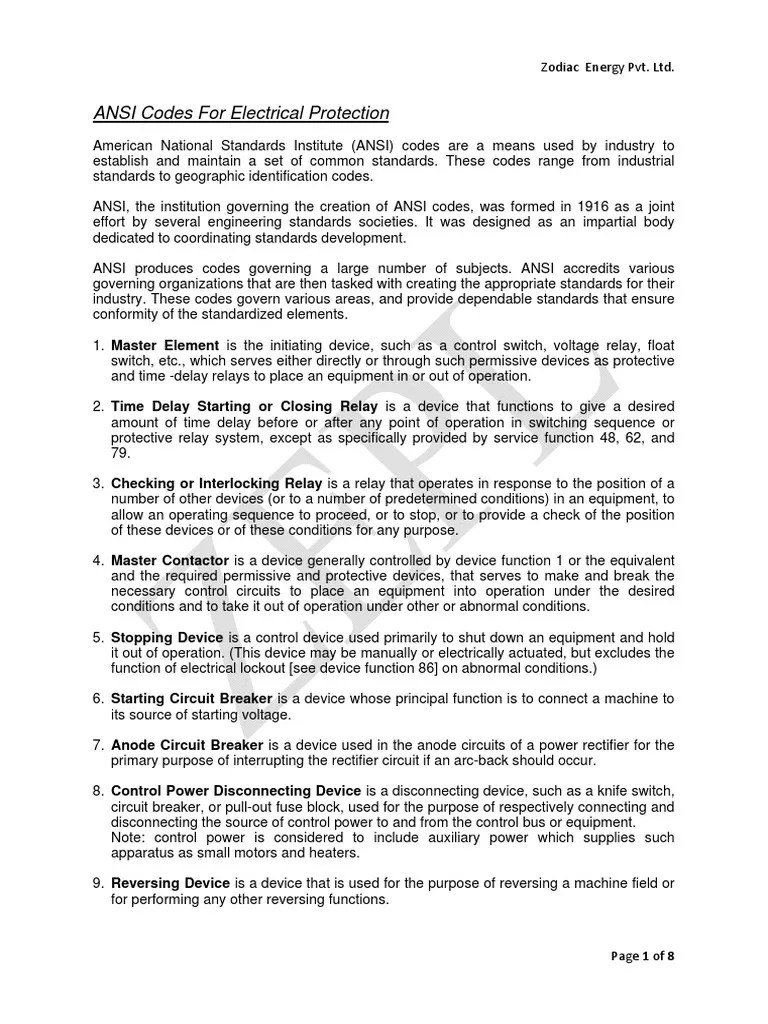 ANSI Codes For Electrical Protection PDF PDF