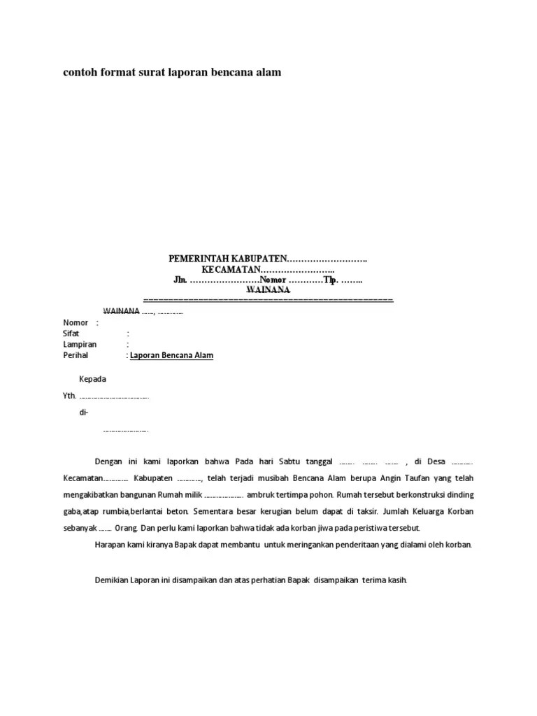 Contoh Surat Laporan Bencana Alam Banjir - Nusagates