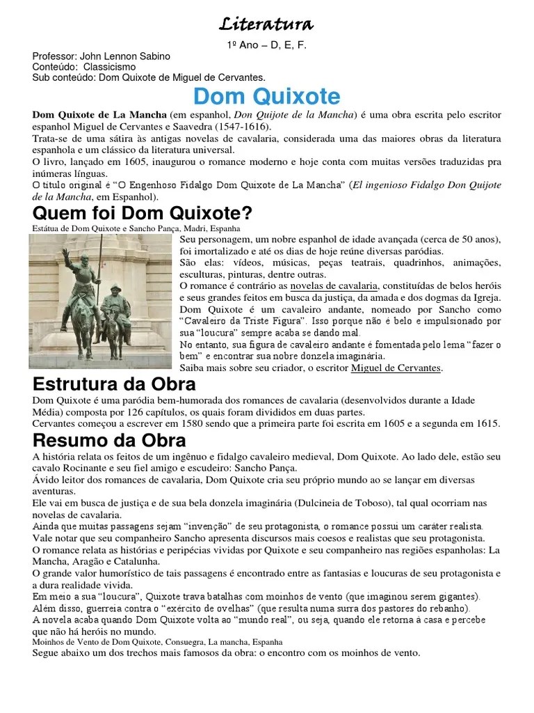 Dom Quixote Análise Da Obra Resumo PDF Dom Quixote