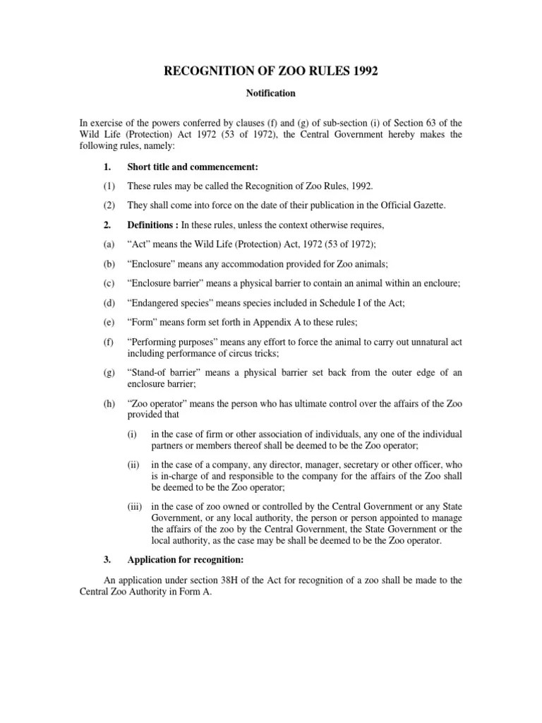 Recognition of Zoo Rules, 1992 PDF Zoo Physical Examination