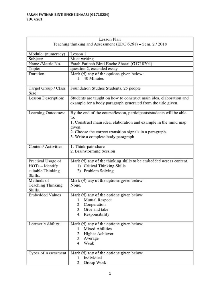 Lesson Plan 1 TT PDF Lesson Plan Educational Assessment