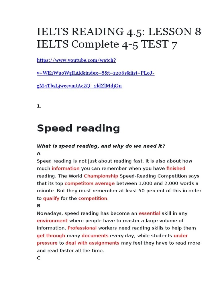 Lesson 8 Speed Reading PDF Speed Reading Sun