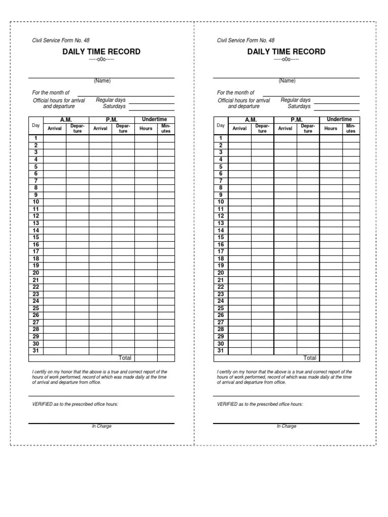 CSC Form No. 48 Daily Time Record (DTR) Mathematics