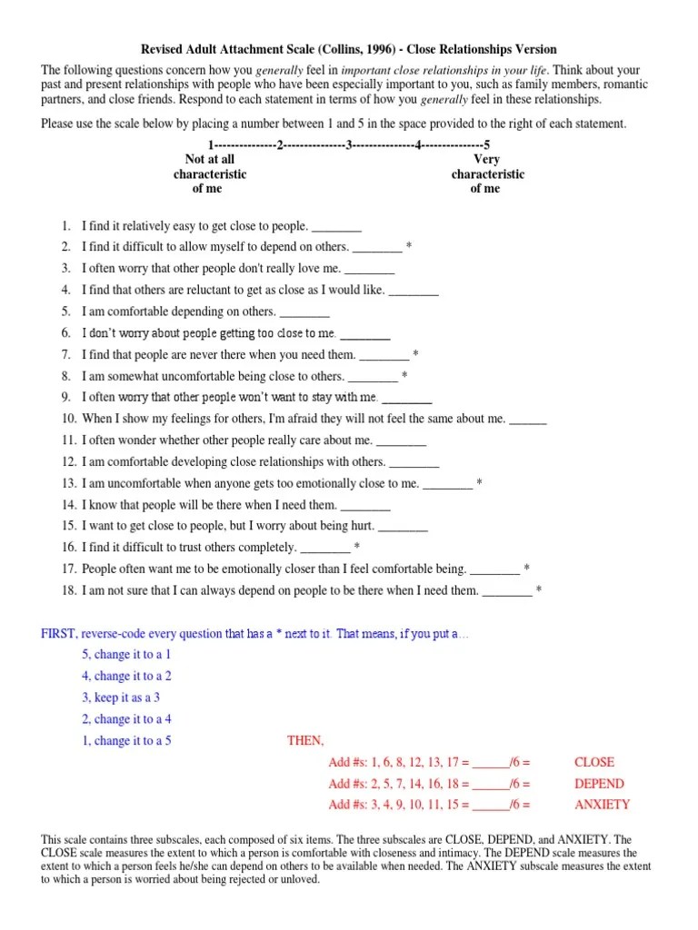 Adult Attachment Scale PDF Attachment Theory Interpersonal