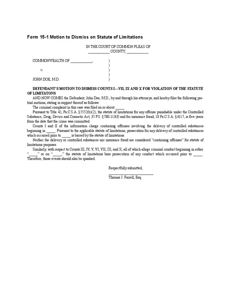 Form 151 Motion To Dismiss On Statute of Limitations PDF
