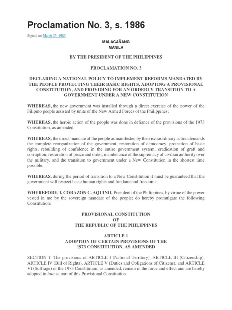 1986 Freedom Constitution Political Charters Constitution