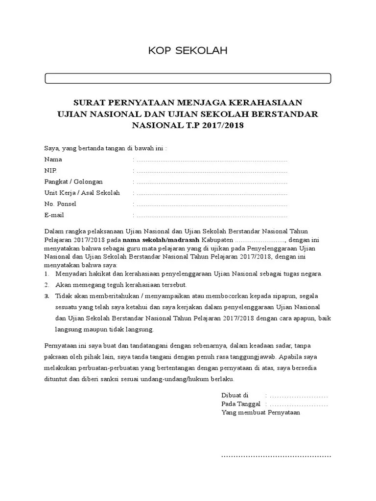 Kop Sekolah Surat Pernyataan Menjaga Kerahasiaan Ujian