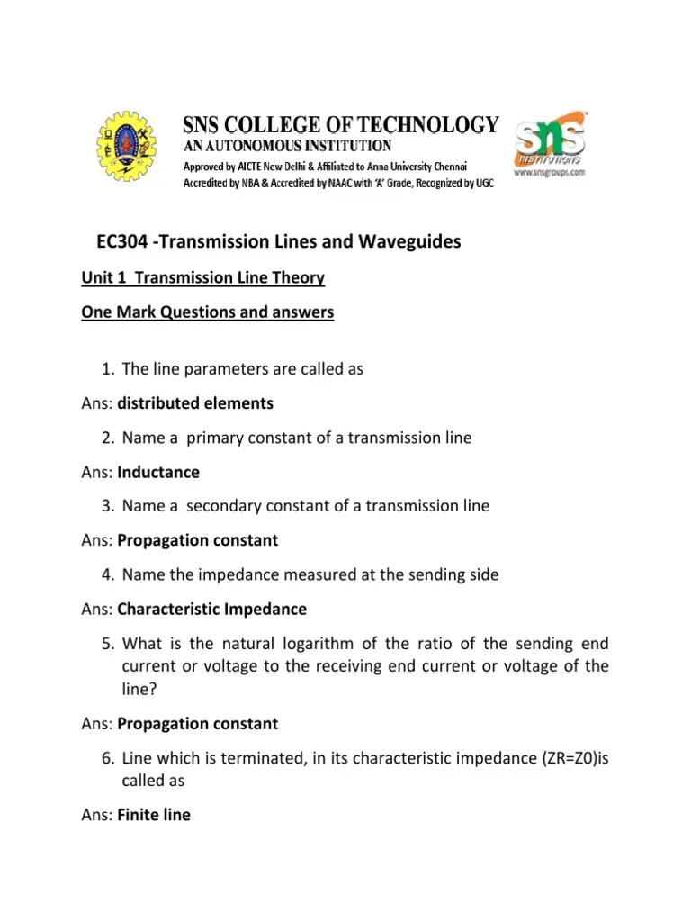 MCQEC 304 Transmission Lines and Waveguides PDF Transmission Line