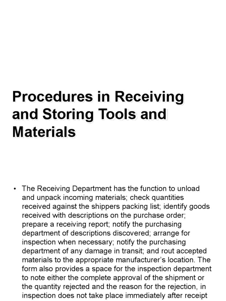 Procedures in Receiving and Storing Tools and Materials Receipt