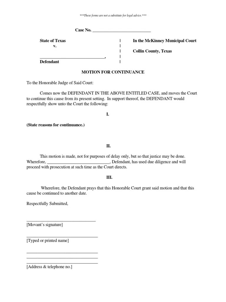 Motion for Continuance Requesting Postponement of a Court Hearing Due