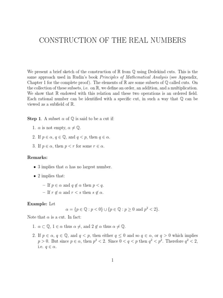 Construction of The Real Numbers PDF Field (Mathematics) Real Number