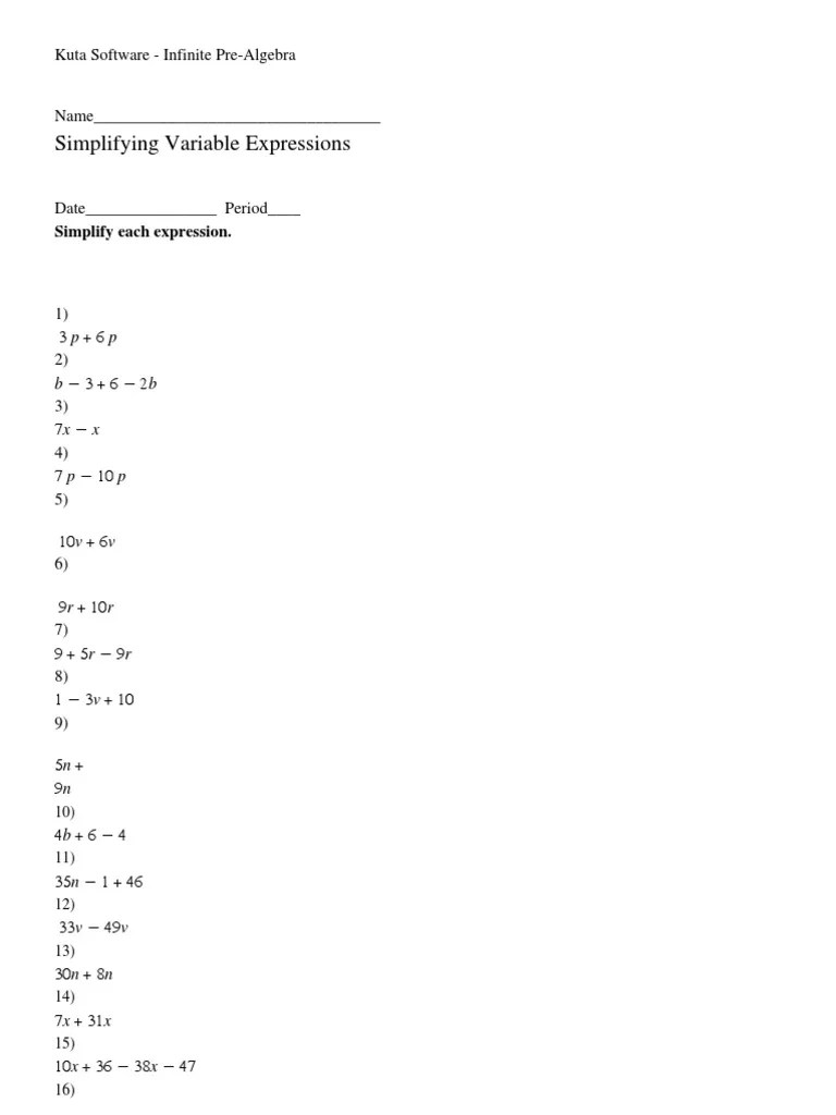 Simplifying Variable Expressions Kuta Software ­ Infinite Pre­Algebra