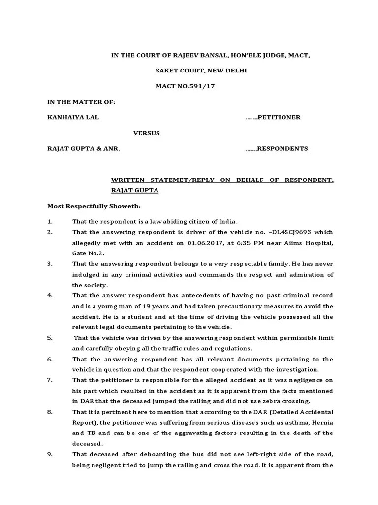 Written Statement of Rajat Gupta Negligence Traffic Free 30day